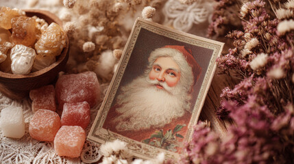 Retro Santa postcard beside candies and dried flowers, nostalgic aesthetic. 