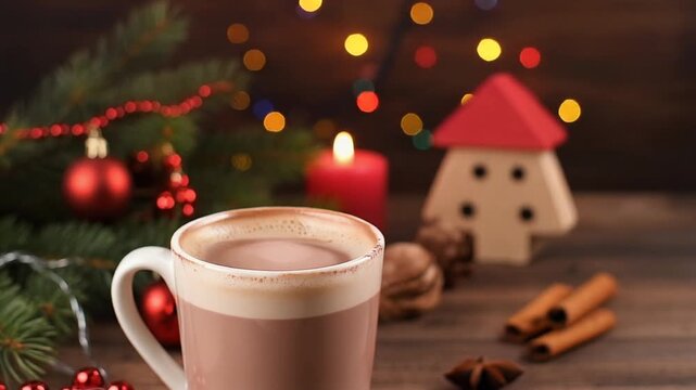 Imagen c&aacute;lida y festiva de caf&eacute;, cappuccino y chocolate caliente con crema, servidas en tazas y vasos sobre una mesa de madera decorada con nieve artificial, granos de caf&eacute;, canela y an&iacute;s estrellado.