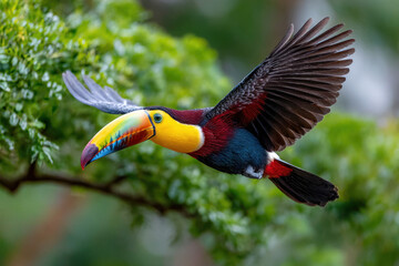 Fototapeta premium A Colorful Toucan in Flight Through Lush Greenery