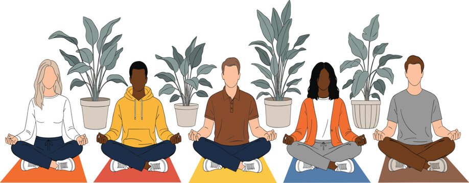 Diverse group of five people meditating on yoga mats surrounded by indoor plants for a modern wellness studio or mindfulness class design - Powered by Adobe