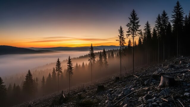 Serene sunrise over misty forest valley with pine trees and clear sky - Powered by Adobe