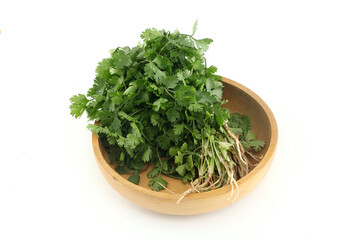 Bunch of coriander leaves in wooden bowl on white background
