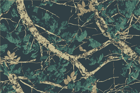 A camouflage pattern with green and brown leaves on the branches.Hunting camouflage with tree for hunting and military.Vector hunting camo background.