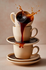 Super slow motion macro of hot creamy aromatic close up coffee drop is splashing in white mug before being served to customer at cafe or bar