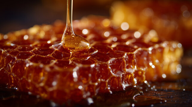 Macro shot of honeycomb-textured beeswax surface melting near the wick, offering highly tactile visual detail - Powered by Adobe