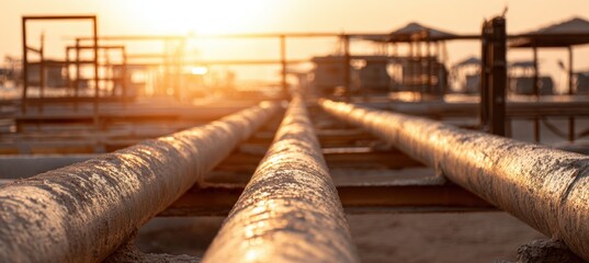 Gas Distribution Hub with Sand-Coated Pipes in Desert Environment at Sunset
