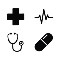 Fototapeta premium Essential Healthcare and Medical Icons: Stethoscope, Heartbeat, Cross, and Pill