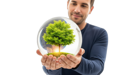 Man Holding Tree in Glass Sphere - Environmental Concept