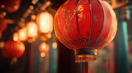 Illuminated red Chinese lanterns in festive atmosphere with intricate patterns and vibrant colors