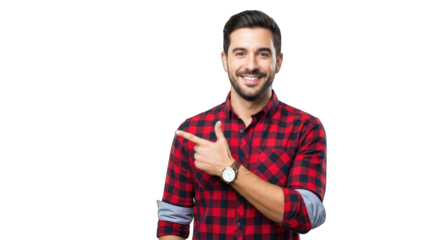 Man pointing with finger, smiling, isolated on white