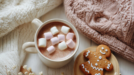 13. Cup of hot chocolate with pastel marshmallows and gingerbread cookie, cozy flat lay. 