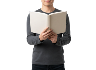 Man Reading Book, Open Pages, White Background