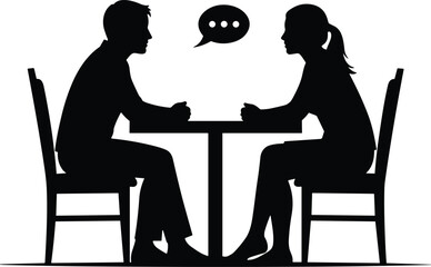 Silhouettes of people, seated discussion, speech bubble icon, communication pose, black vector design, interview concept, emotional connection, flat illustration, social interaction