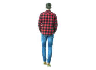 Man Walking Away in Red Plaid Shirt on White Background