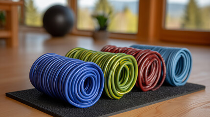 Coiled resistance bands arranged on fitness mat, emphasizing workout equipment essentials