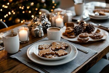 Christmas window still life, gingerbread cookies with icing and burning candles on a rustic wooden board by a frosty window with falling snow, warm cozy holiday atmosphere and copy space.