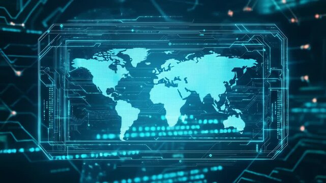 Global digital network with world map and glowing circuit lines data
