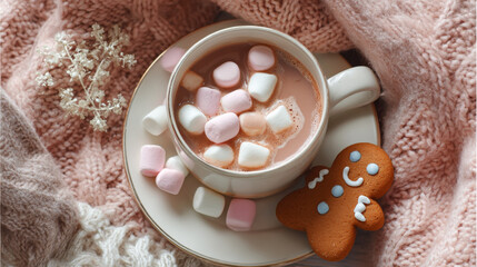 13. Cup of hot chocolate with pastel marshmallows and gingerbread cookie, cozy flat lay. 
