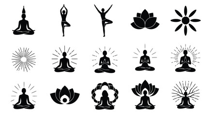 Vector collection of yoga and meditation silhouettes including lotus poses tree poses sunbursts and stylized flowers for spiritual wellness design