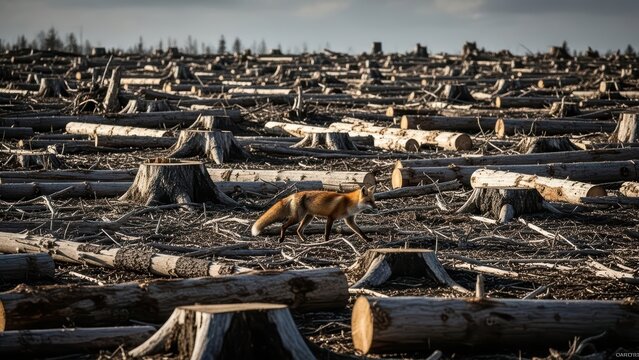 Lone fox navigates barren landscape of deforested clear-cut area