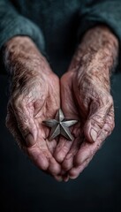 Close-up of Veteran's Hands Holding Metallic Star Token on Dark Background