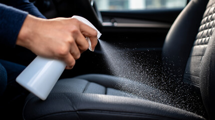 Ultra-detailed close-up of hands applying a dry leather cleaning spray onto smooth black car seat material, mist particles frozen in air, precision care concept with modern interio
