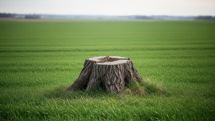 Solitary tree stump in vast green field under overcast sky