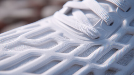 Ultra-detailed close-up of a white rubber sole with intricate lattice patterns, smooth surfaces contrasting with sharp ridges, representing minimalist sneaker engineering
