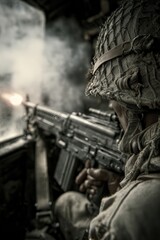 Obraz premium Camouflaged Fighter Engaging Targets with Heavy Machine Gun in Battle Scene