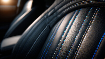 Tight macro shot of dry foam expanding across the contour of a curved car seat bolster, highlighting luxurious leather grain and detailed stitching, professional care procedure con