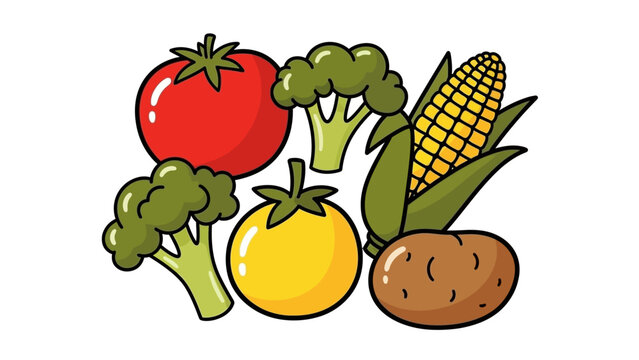 An illustration featuring a vibrant collection of fresh vegetables including red and yellow tomatoes, green broccoli florets, a yellow ear of corn, and a brown potato. - Powered by Adobe