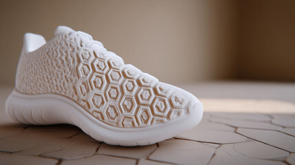 Minimalist macro composition of a white sole against a neutral backdrop, crisp embossed patterns indicating advanced footwear engineering and premium lifestyle branding