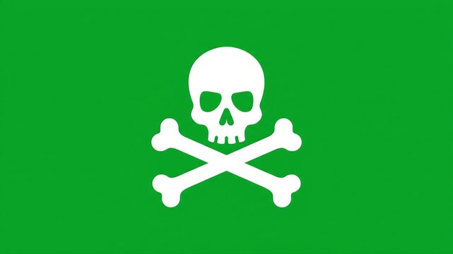 White Skull and Crossbones Poison Symbol on Green Screen.