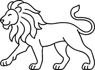 Clean black and white line art illustration of a walking lion, showcasing a majestic big cat in a simple graphic outline style, suitable for design projects and animal themes