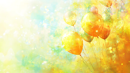 A festive background for a birthday invitation celebrating the anniversary with space on left for text, featuring elegant decorations, vibrant colors, balloons, and a joyful  