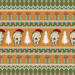 Nordic Christmas Pattern with Cartoon Bears and Candy Canes