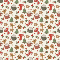 Cozy Christmas Gingerbread and Hot Cocoa Seamless Pattern Background