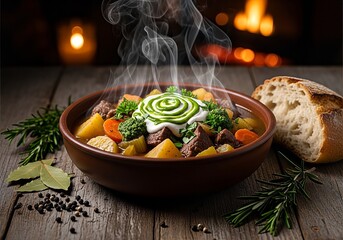 Hearty Beef Stew with Potatoes and Root Vegetables Served Warmly