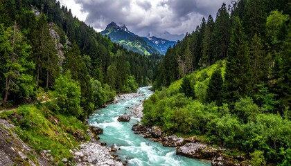 Serene forest river scene with smooth milky water flowing through dense greenery, tall evergreen trees lining both sides, rocks and pebbles visible along riverbed, captured in long exposure.