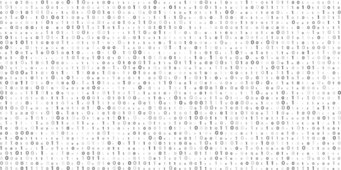 Dense grid of binary code numbers one and zero in varying shades of gray on a clean white background representing digital information and data patterns