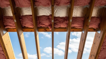 Exposed roof beams with insulation and vapor barrier under blue sky