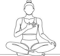 Continuous line drawing of a woman in easy yoga pose with hand on heart symbolizing self-love and deep mindful meditation