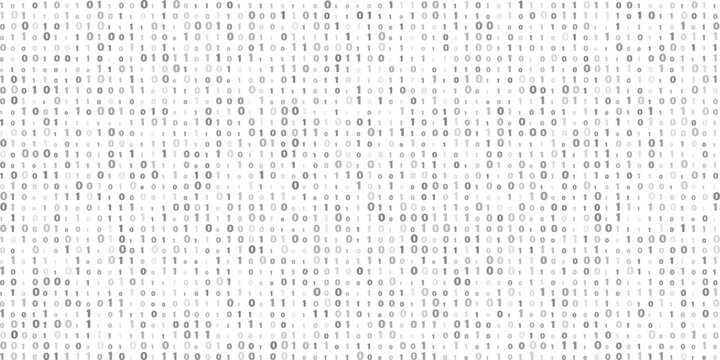 Dense grid of binary code numbers one and zero in varying shades of gray on a clean white background representing digital information and data patterns