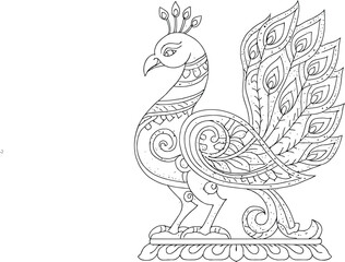 Fototapeta premium Intricate hand-drawn black and white illustration of a majestic peacock with traditional decorative patterns, perfect for cultural designs or coloring activities