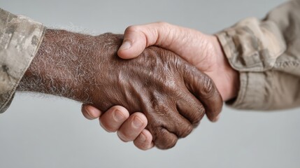 Fototapeta premium Diverse Veterans Exchanging Respectful Handshake in Soft Lighting
