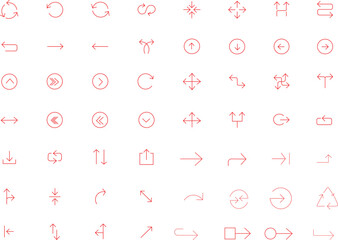 Naklejka premium Red doodle arrow set featuring various hand drawn symbols and directions. Collection of hand drawn red arrows on white background for design elements.