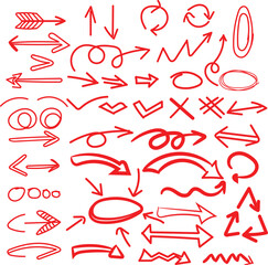 Hand drawn red arrows collection with multiple sketch styles and shapes.Red doodle arrow set featuring various hand drawn symbols and directions