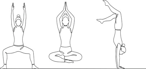 Continuous line drawing set of woman performing three complex yoga poses including handstand goddess pose and seated meditation for wellness design