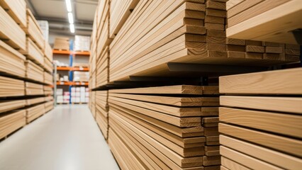 Wood planks stacked in hardware store aisle for construction and carpentry projects