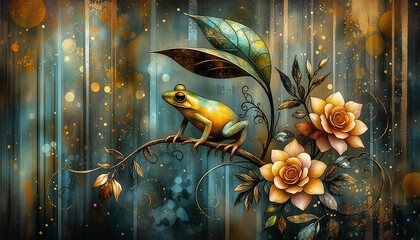 Abstract artistic frog with flowers and leaves in the rain
